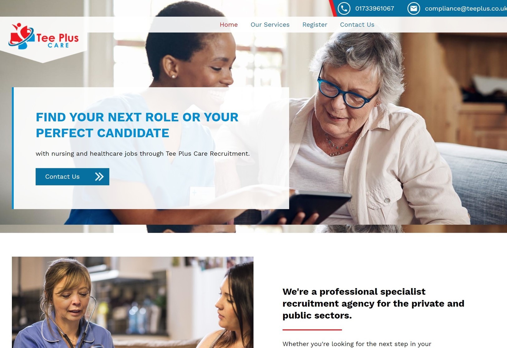 A responsive website design on desktop for a nursing agency